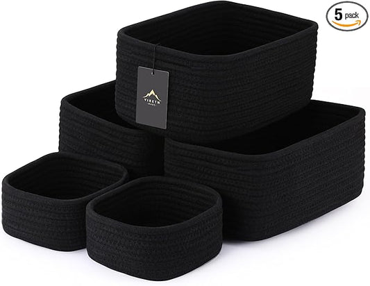 5-Pack Small Woven Rope Storage Baskets – 2 Sizes Organizer Bins for Closet, Shelf, Bookshelf, Nursery, Changing Table, Fabric Cube Boxes, Rectangular Shallow Bins for Bathroom, Toy & Home