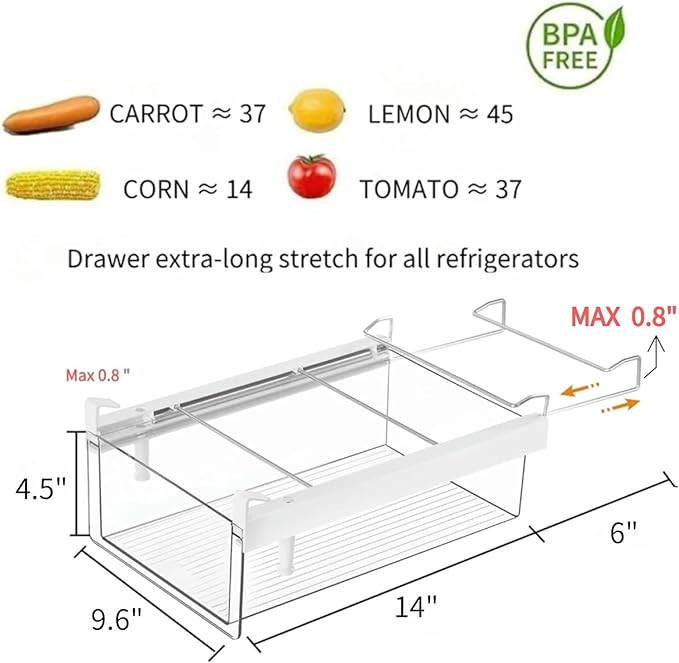 BIINONE Large Fridge Drawer Organizer 14in-20in Upgradation Refrigerator Undershelf Drawer, Extra-Deep Storage Deli Meat, Cheese, Eggs, Fruit, Vegetable