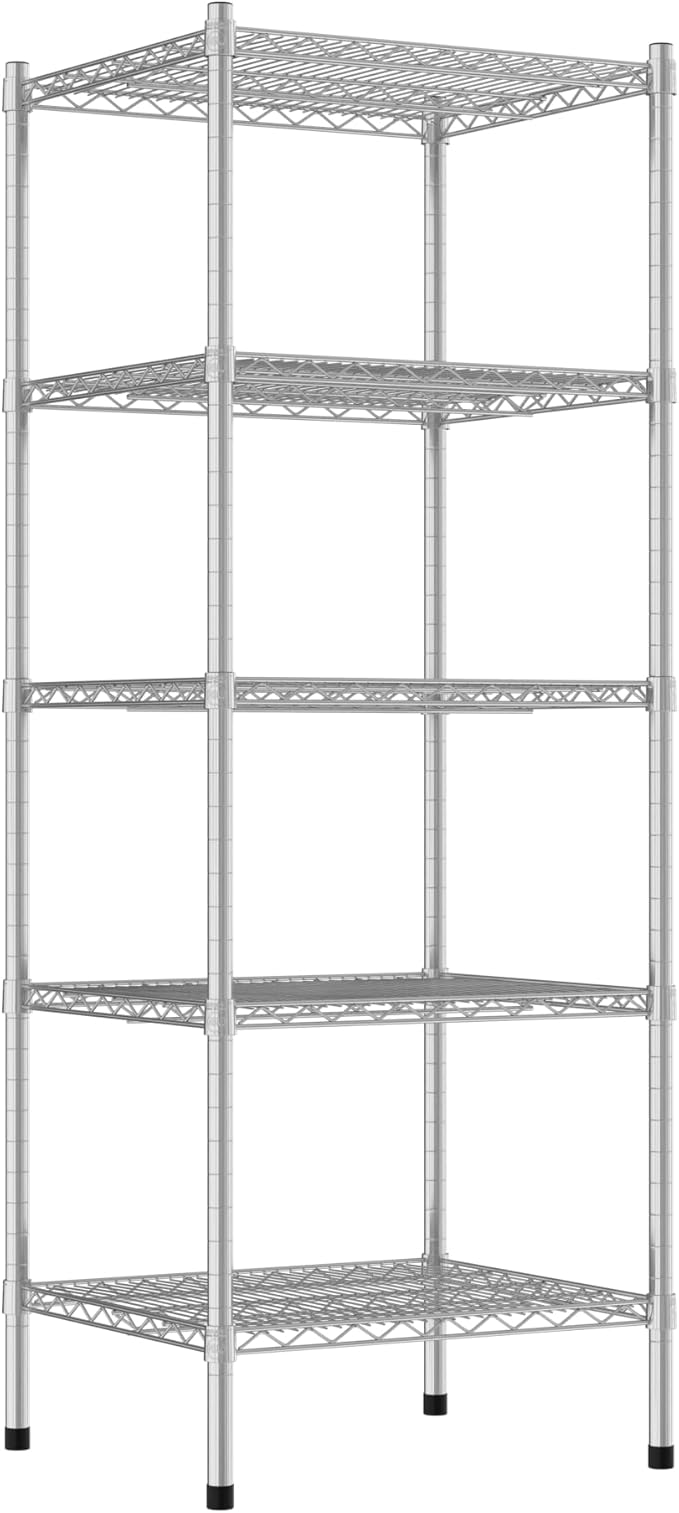 Commercial NSF Listed Chrome Stationary Wire Shelving Kit 21" x 24" x 64", with 5 Shelves Perfect for Warehouse, Walk-in Refrigerator, Freezer, Grocery Store, Restaurant, Dishroom