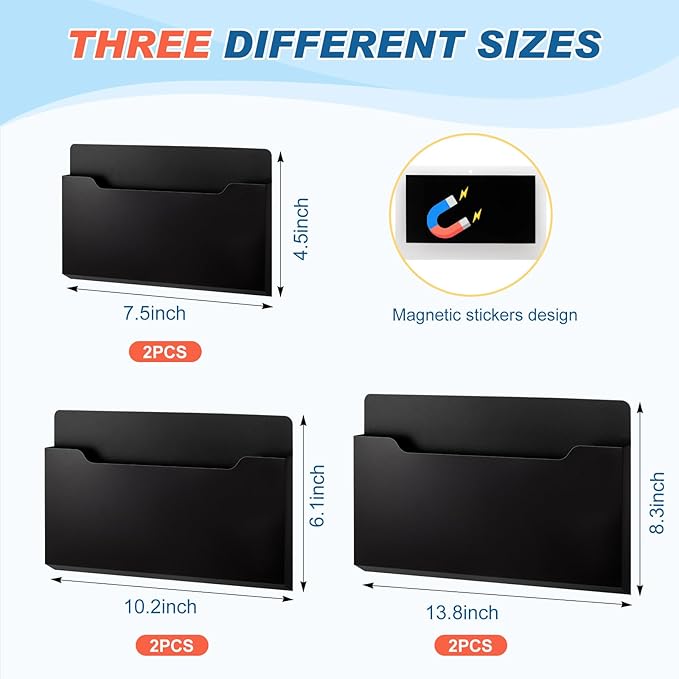 Fuutreo 6 Pcs Magnetic Wall File Organizer Magnetic Wall File Holder Refrigerator Magazine Holder for Mail Letters Paper(Black,12.6x9.5, 9x7, 6.6x4.8 Inch)