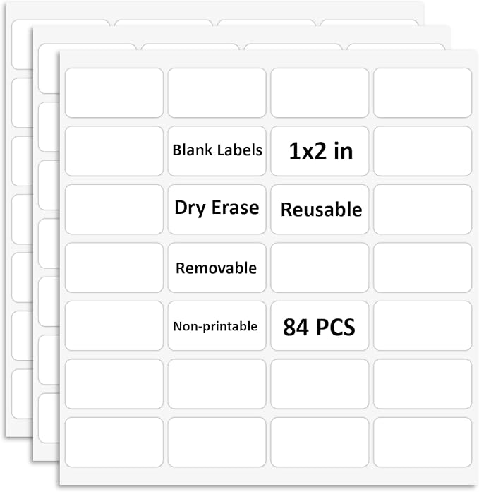 Reusable Dry Erase Labels for Organizing, Storage Bin, Craft, Jars, Pantry Labels, Sticky Notes for Office School Home Gift Chioce, Removable (1x2 inches, 84PCS) (White Blank)