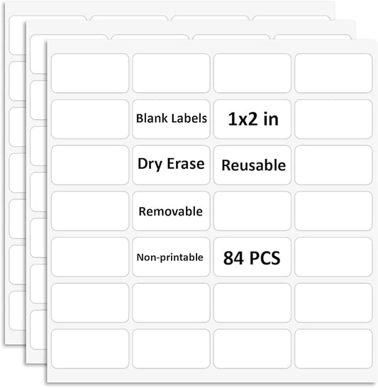 Reusable Dry Erase Labels for Organizing, Storage Bin, Craft, Jars, Pantry Labels, Sticky Notes for Office School Home Gift Chioce, Removable (1x2 inches, 84PCS) (White Blank)