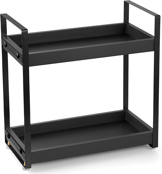 Black Coffee Station Organizer, 2 Tier Wooden Shelf for Coffee Bar Accessories, Countertop Organizer Shelf for Bathroom, Vanity, Kitchen, Perfume, Makeup