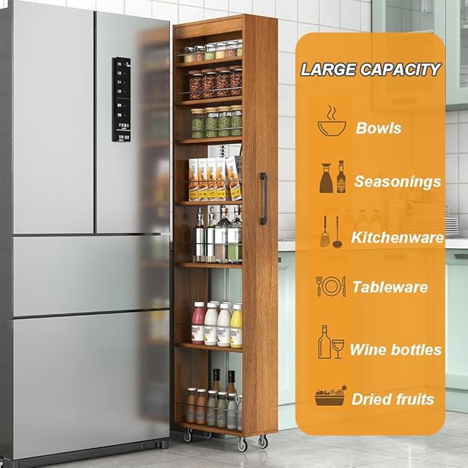 7 Tier Slim Storage Cart, Rolling Spice Rack Next to Fridge Slim, Narrow Storage Cabinet, Wood Storage Organizer with Handle Wheels for Kitchen, Dining Room (7 Tier - Oak color2)