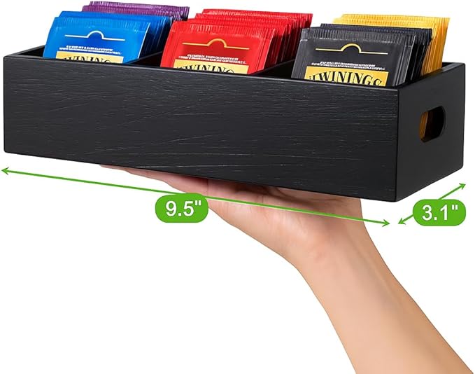 Moldie Black Wood Tea and Sugar Pack Organizers, Wooden Box with 3 Slots, Kitchen and Office Storage Organizers for Countertop