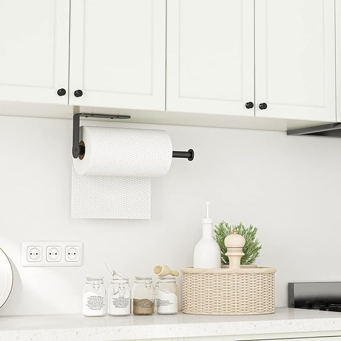 Fixwal Paper Towel Holder Under Cabinet, Single Hand Operable Wall Mount Paper Towel Holder with Damping Effect, Bend-Resistant, Self-Adhesive or Drill Mounting for Kitchen Bathroom, Black