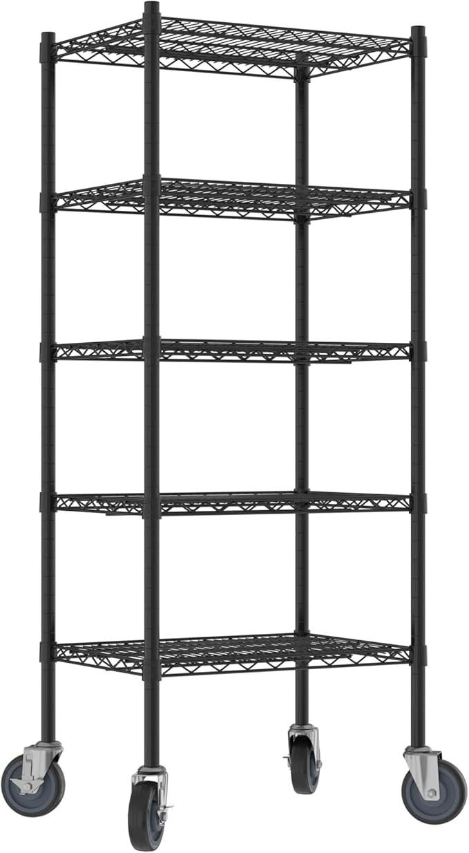 Commercial NSF Listed Black Epoxy Mobile Wire Shelving Kit 18" x 24" x 60", with 5 Shelves Perfect for Warehouse, Walk-in Refrigerator, Freezer, Grocery Store, Restaurant, Dishroom
