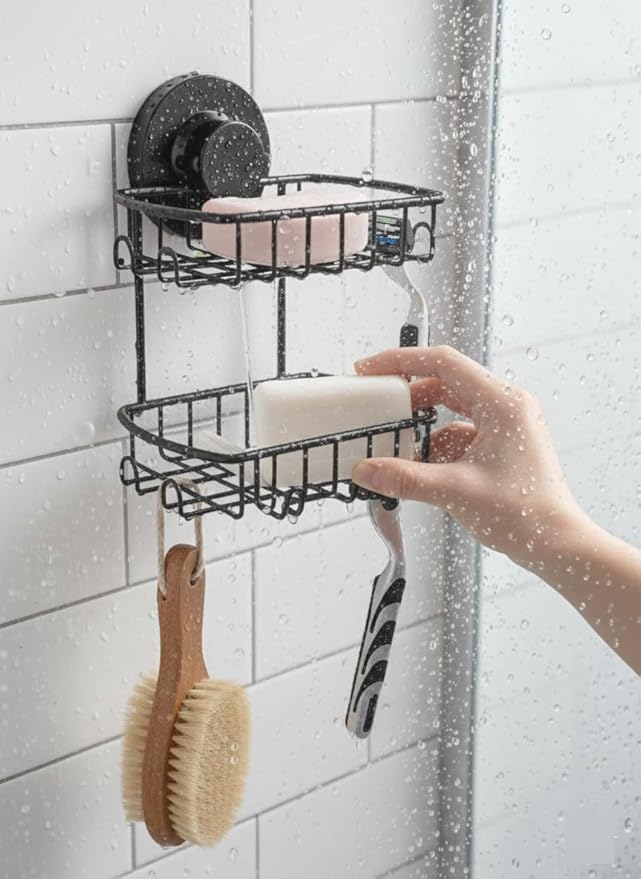 Soap Dish for Shower Suction Cup Powerful Vacuum System Rustproof 304 Stainless Steel Basket Sponges Holder with Razor Hooks for Bathroom or Kitchen Soap Holder, 2 Tier (Black)