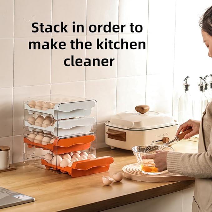 Egg Drawer for Refrigerator 32 Eggs, 2 Tier Clear Stackable Egg Holder with Drawer for Fridge, Drawer Type Egg Storage Box, Egg Tray Countertop (Orange)