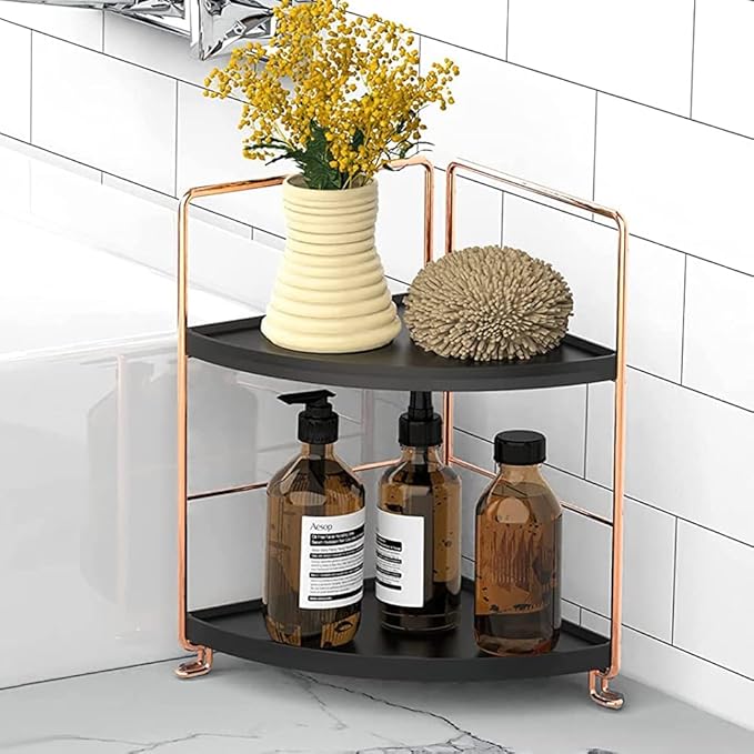 Kitchen Spice Rack Standing Shelf, 2-Tier Corner Storage Shelf, Bathroom Countertop Organizer, Vanity Tray Cosmetic & Makeup Storage,Rose Gold&Black
