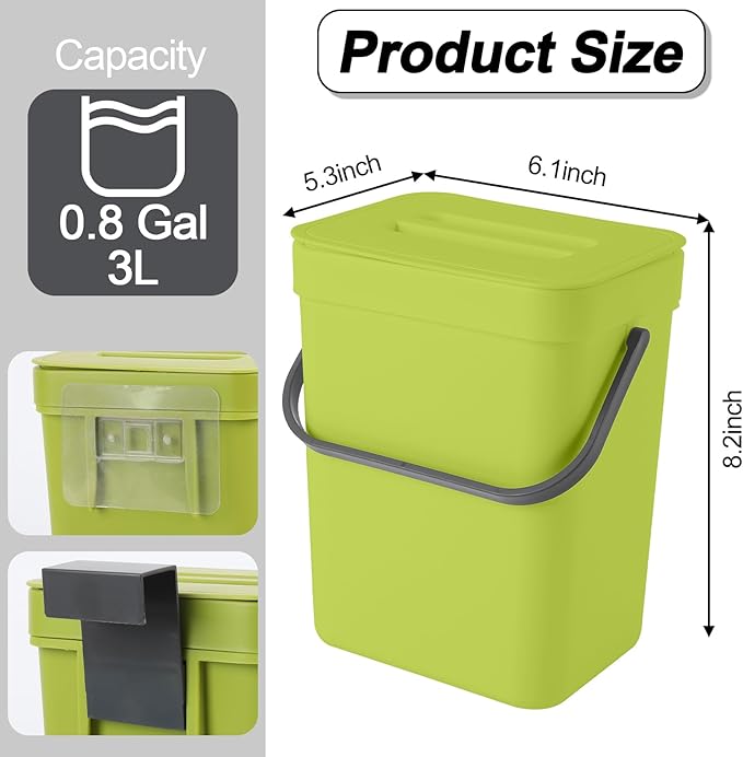 Compost Bin Kitchen, Includes 100 Trash Bags, Hanging Trash Can with Lid, Features Pet-Proof, Odor-Proof, and Quiet Opening/Closing. Suitable for Bathrooms/Bedrooms/Offices (Green, 0.8Gal/3L)