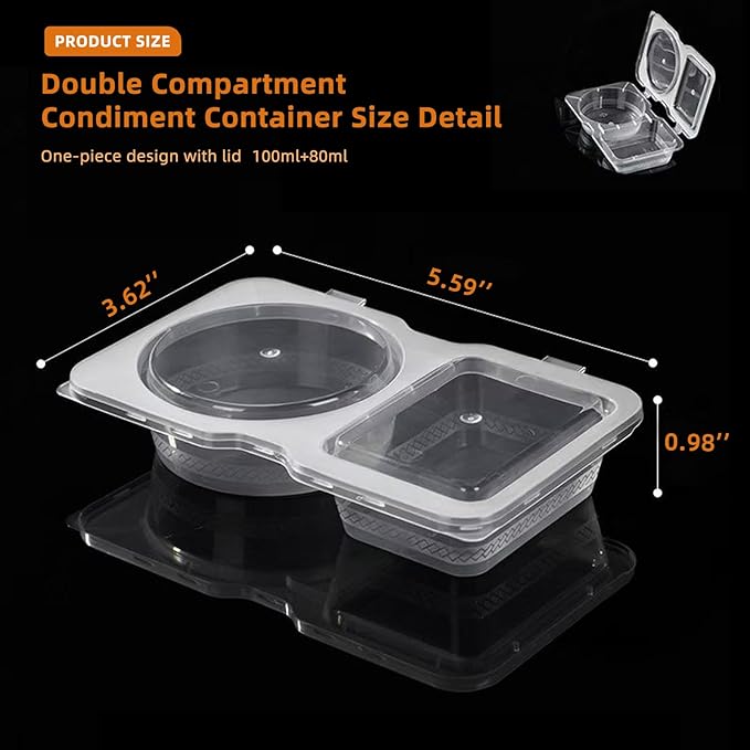 Plastic Reusable Snack Containers With Lids 50pcs,Double Compartment Condiment Container For Take-Out Sauces Outdoor Travel (50)
