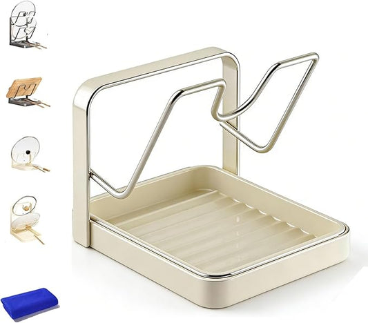 Kitchen Pot Lid Storage Rack, 304 Stainless Steel Holder and Spoon Rest, Lid Holder While Cooking, Multifunctional Kitchen Organizer Stand with Removable Drip Tray for Countertop (Single-layer Beige)