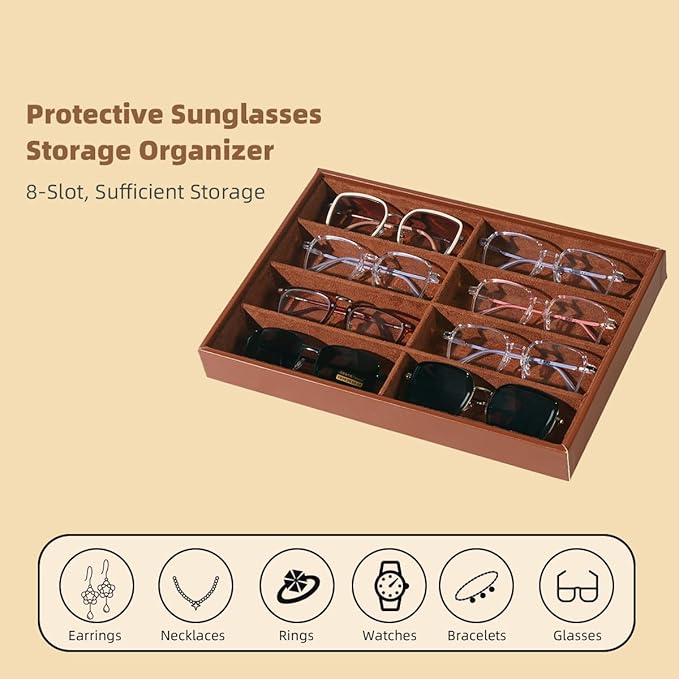 Glasses Holder Box Drawer Sunglass Organizer for Men Clear Wide Storage Case 8 Slots Multiple Reading Glasses Display, Brown Leather