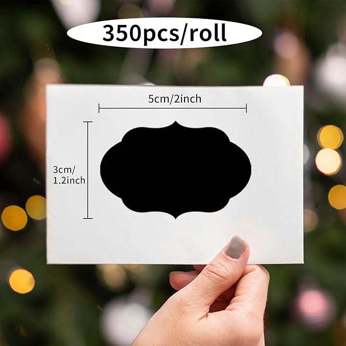 350 PCS Fancy Shape Stickers, 2" x 1.2" Black Label Stickers for Presents, Jars, Office, Kitchen, Home Organization