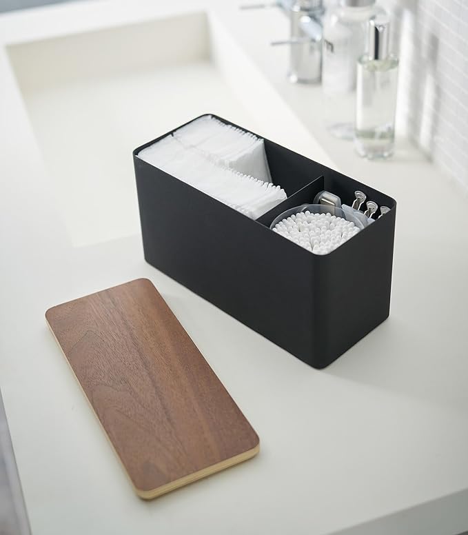 YAMAZAKI Home Rin Countertop Organizer Bathroom Kitchen Counter Organizer Metal Toiletries Holder - Steel + Wood