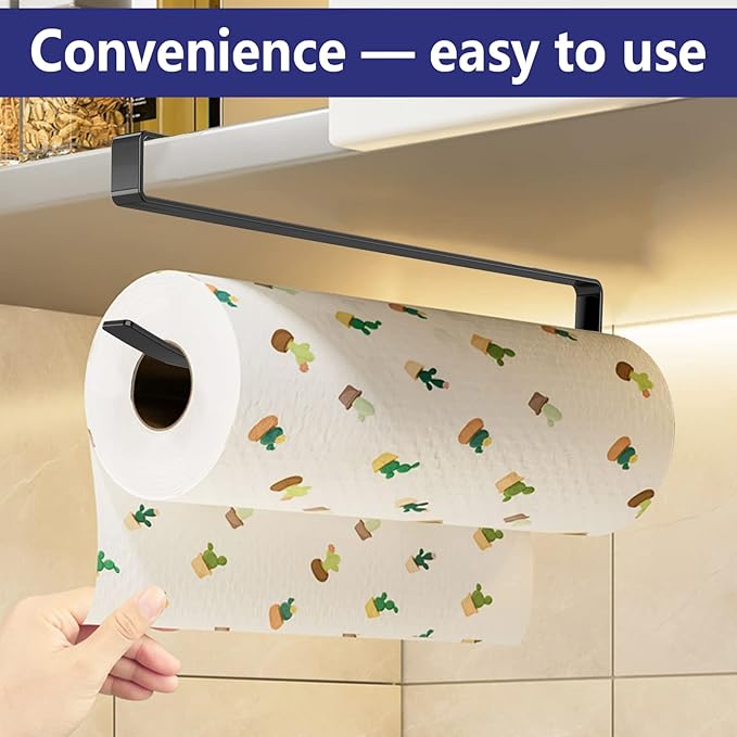 Paper Roll Holder, KIKISML 2 Pack Paper Towel Holder Cabinet Hanging Kitchen Roll Hanger Dispenser Storage Rack Towel Necktie Bedroom Toilet Organization Storage [No Drilling No Tool Required]- Black