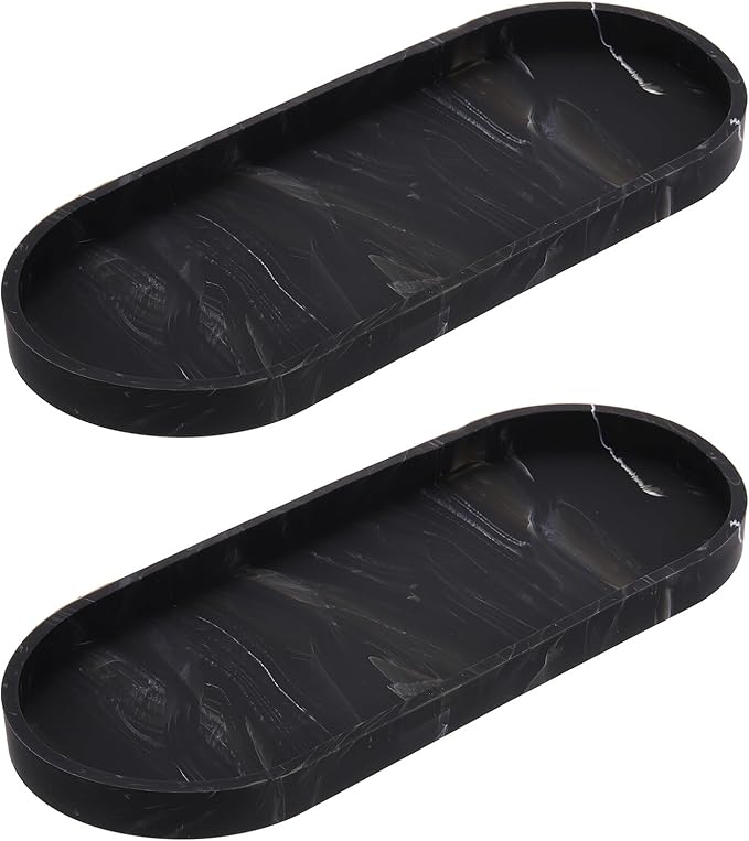 uxcell 2Pcs Bathroom Vanity Tray, 11.8" x 5" Oval Silicone Soap Dispenser Trays, Shatterproof Kitchen Sink Organizer for Soaps Keys Candle Trinket, Marble Black