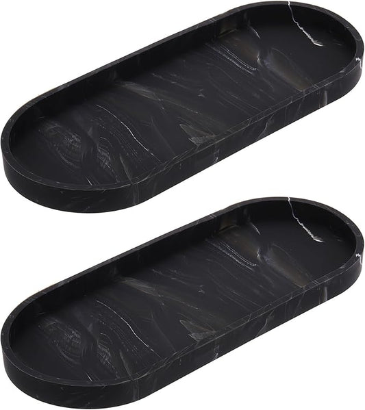 uxcell 2Pcs Bathroom Vanity Tray, 11.8" x 5" Oval Silicone Soap Dispenser Trays, Shatterproof Kitchen Sink Organizer for Soaps Keys Candle Trinket, Marble Black
