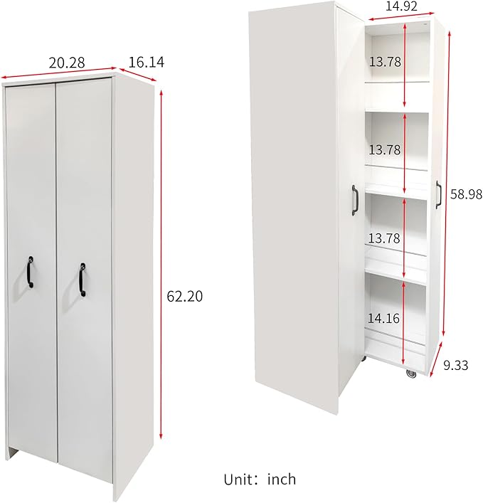 Food Pantry Cabinet with Pull-Out Shelves, White Slide Out Storage Cabinet with 2 Doors, 4 Tier Floor Standing Narrow Storage Bookcase on Wheels for Kitchen, Living Room, Office