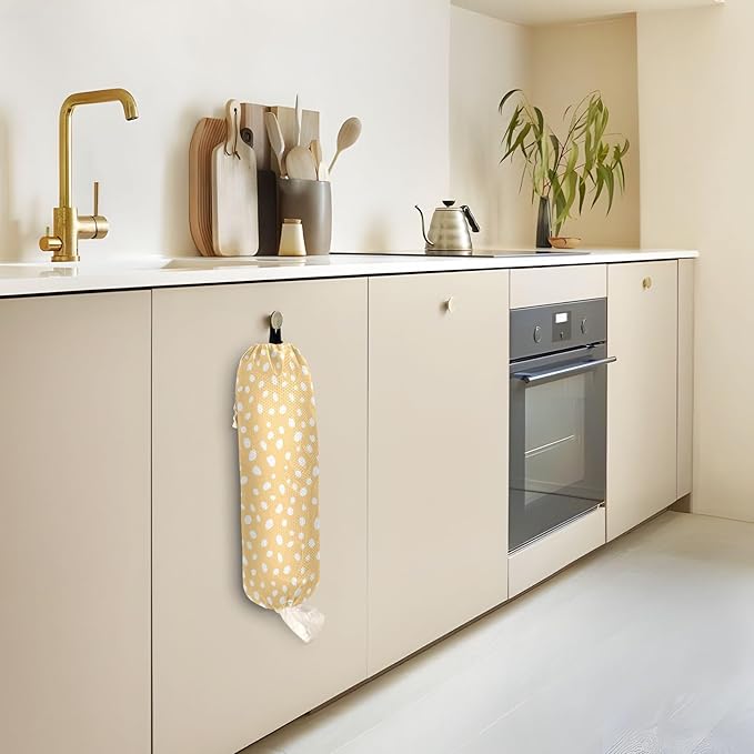 2 PCS Plastic Bag Holder Wall Mount Grocery Bag Holder Shopping Bag Trash Bag Storage Organizer Dispenser for Kitchen Closet 22 x 9 Inch White Dots Yellow