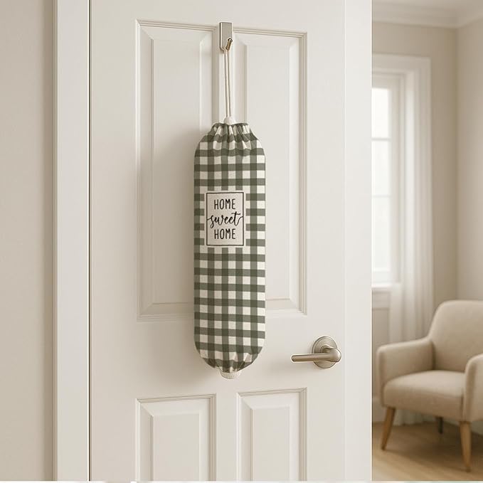 Plastic Bag Holder, Home Sweet Home Plastic Bag Holder for Kitchen Essentials, Olive Green and White Grid Bags Holders for Plastics Bags Groceries Store, Reusable Hanging Trash Sack Dispenser