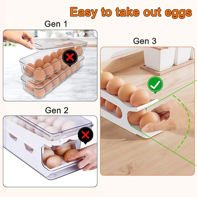 Egg Holder for Fridge, 2 Tiers Auto Rolling Egg Storage Organizer for Refrigerator, Slim Space Saving Container, Dispenser - Egg Roller for Eggs 12 Count