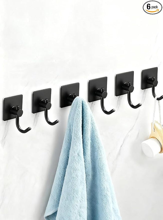 EDMILE Sticky Hooks for Hanging, 6-Pack Adhesive Wall Hooks No Drilling Stainless Steel Towel Hook for Walls No Damage, Self Adhesive Hook for Bathroom Kitchen Office, Black