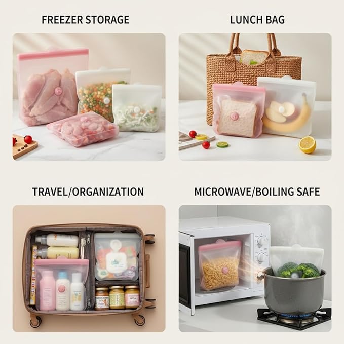 Reusable Silicone Food Storage Bags – Premium Eco-Friendly Multi-Size Set (650ml/1300ml/2000ml), Leakproof, BPA-Free, Freezer & Microwave Safe, Dishwasher Friendly (Purple)