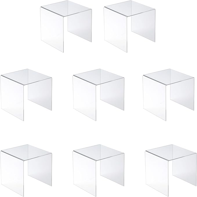 Jusalpha® 8 PC 4'' Clear Acrylic Risers, Acrylic Display Risers Shelf Showcase Fixtures for Jewelry, Display Stand for Amiibo Funko POP Figures, Cupcakes, Food Display, Cabinet- Lot of 8 (4x4x4 Inches)
