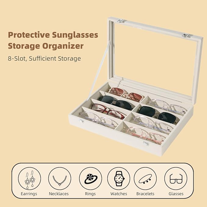 Glasses Holder Box Drawer Sunglass Organizer for Men Clear Wide Storage Case 8 Slots Multiple Reading Glasses Display, Beige Velvet With Clear Glass Lid