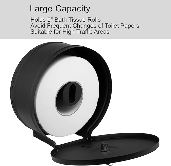 Commercial Jumbo Toilet Paper Dispenser, Wall Mount Stainless Steel 9 Inch Roll Toilet Paper Holder Bath Tissue Dispenser with Lock Key (Black)