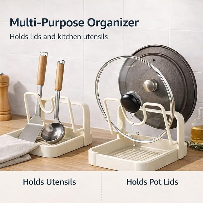 Kitchen Lid Holder While Cooking,Kitchen Pot Lid Storage Rack With Tray,Lid And Spoon Holder While Cooking,Pot Lid Organizer Rack (grey - B)