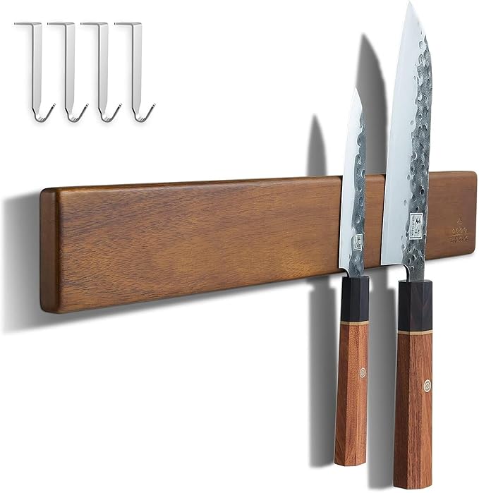 ENOKING 16 Inch Strong Magnetic Knife Holder for Wall, Solid Acacia Wood Knife Bar with 4 Hooks, 3-Way Installation: No-Drill Wall Mount, Screw Mount, & Refrigerator Slip-Proof Magnet Strip
