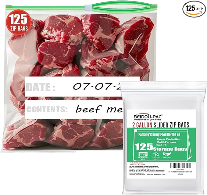 BEIDOU-PAC 2 Gallon Large Slider Food Storage Freezer Bags, 125 Count | 2 Mil | 13" x 12.3" | Heavy-Duty Freshness Easy Open Reclosable Clear Plastic Bags (Slider-2 gallon-125count)