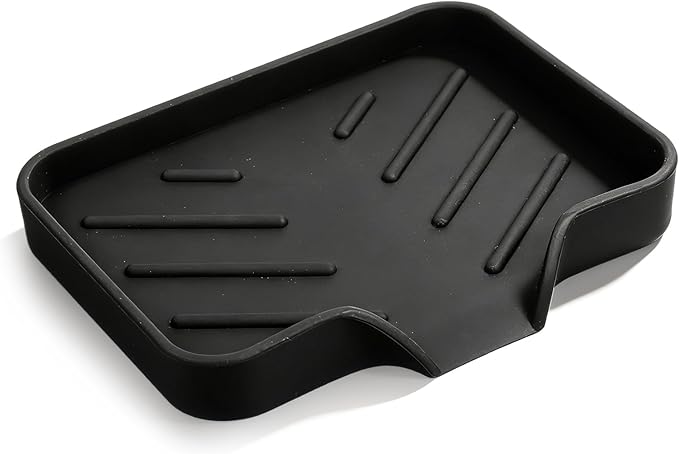 Silicone Bathroom Soap Dishes with Drain Spout Soap Dispenser Tray Sponge Holder Self Draining Kitchen Sink Counter Organizer Caddy for Dispenser Scrubber Bottle Cup(Black)