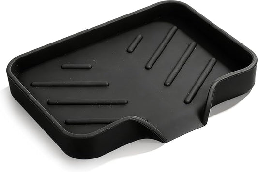Silicone Bathroom Soap Dishes with Drain Spout Soap Dispenser Tray Sponge Holder Self Draining Kitchen Sink Counter Organizer Caddy for Dispenser Scrubber Bottle Cup(Black)