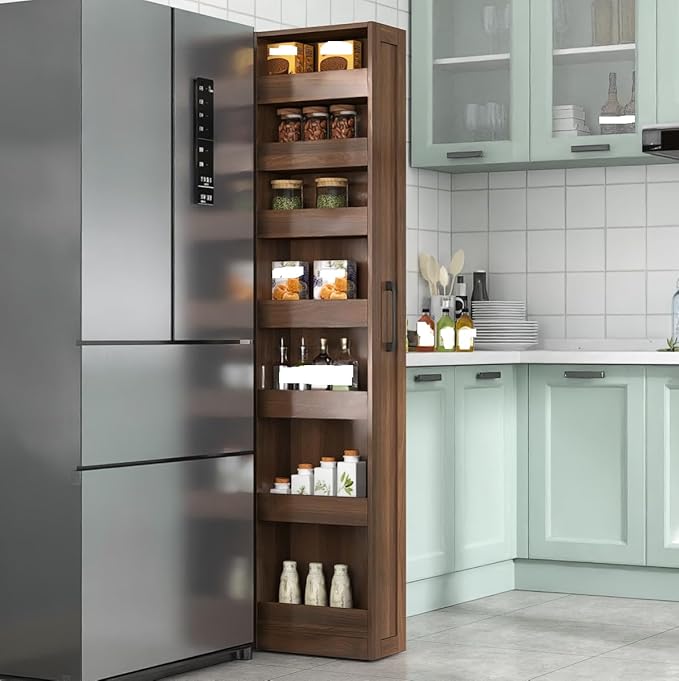 7-Tier Slim Pull-Out Storage Shelf, Narrow Space Organizer for Kitchen Laundry Bathroom Living Room, Freestanding Open Shelving Unit for Small Spaces, Slim Gap Storage Rack with Handle