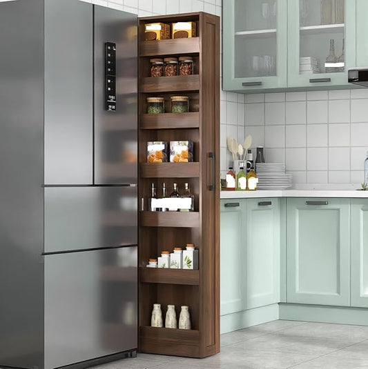 7-Tier Slim Pull-Out Storage Shelf, Narrow Space Organizer for Kitchen Laundry Bathroom Living Room, Freestanding Open Shelving Unit for Small Spaces, Slim Gap Storage Rack with Handle