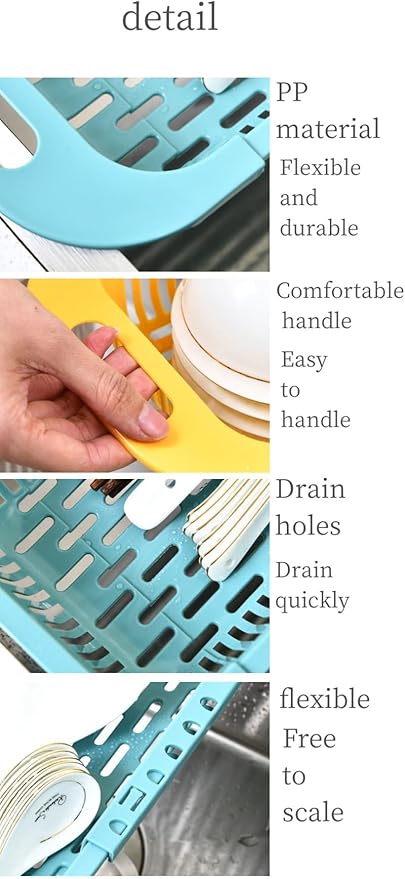 Adjustable Dish Drainer Dish Rack Over The Sink,Drying Rack, Extendable Vegetable Fruit Washing Basket, Collapsible Strainer Basket,Plastics(Grey+White)