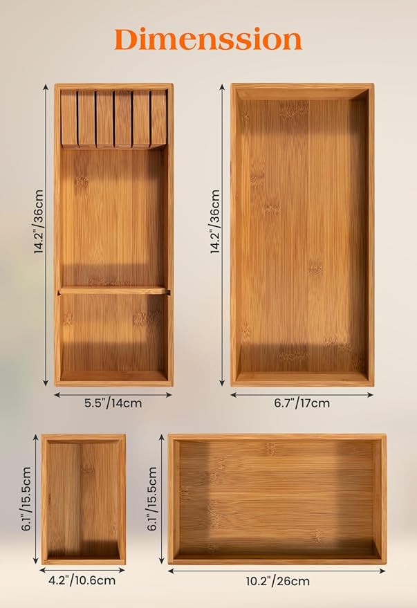 Carbonized Bamboo Kitchen Silverwar Drawer Organizer,14.2 inch Length Natural Utensil Flatware Organizers Tray Storage for Spoons Forks & Knives