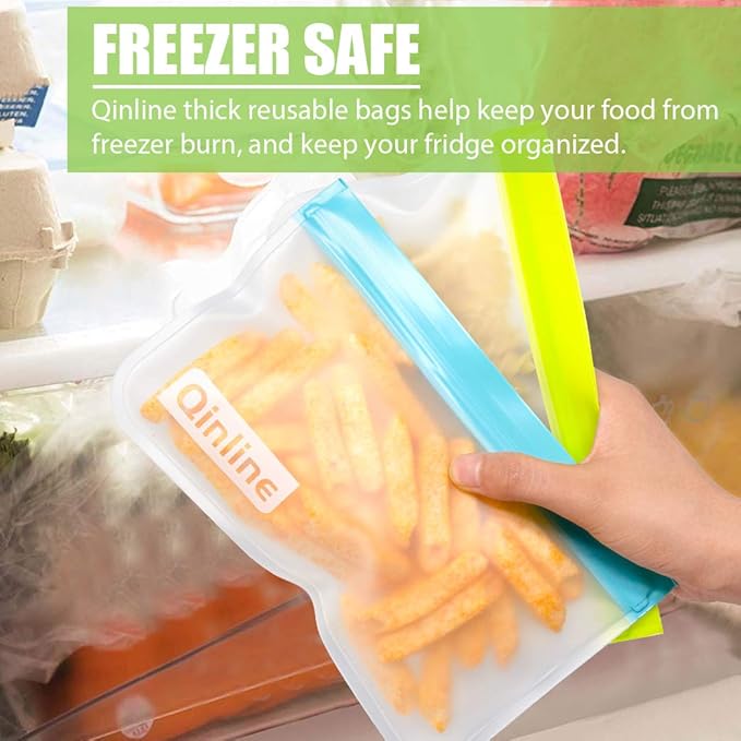 Qinline Reusable Food Storage Bags - 10 Pack Dishwasher Safe Freezer Bags, BPA Free Silicone, Leakproof for Marinate Salad Fruit Travel - 5 Sandwich 5 Snack