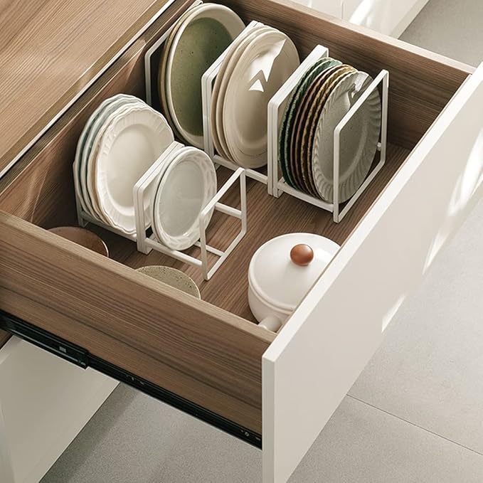 4PCS Plate Holders Organizer, Metal Dish Storage Dying Display Rack for Cabinet, Counter and Cupboard - White， 2 Small and 2 Large