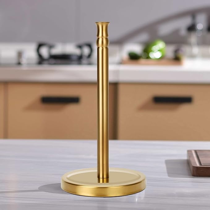 Gold Paper Towel Holder Stand, One-Handed Ripping Paper Towel Roll Holder Countertop, Stainless Steel Base Rust-Proof, NOT Tip Over