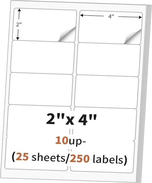 2"x 4" (25 Sheets) Address Labels, Labels Sticker Paper for Laser/Ink Jet Printer, Printable and Writable White Sticker Labels- Matte, 10 per Page Labels (Total 250 Labels)