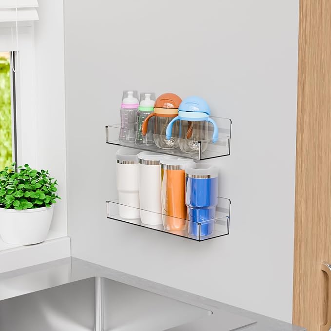 Yieach 4 Pack Acrylic Adhesive Spice Rack Wall Mount - 11.5x3.6 Inch, Clear Spice Shelf Storage Holder,4 Pack Stick on Hanging Spice Rack Organizer for Cabinet Door,Kitchen Wall,Rv,Inside Cabinets