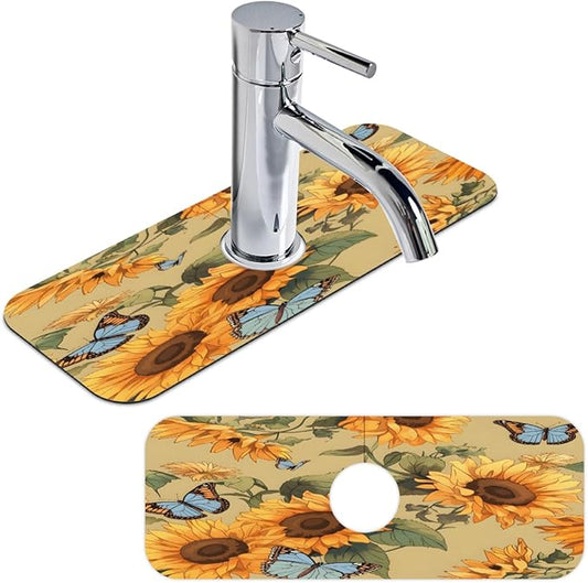 Sunflower Butterfly Pattern Kitchen Faucet Mat Splash Guard, 15.4”x5.7” Absorbent Quick Drying Sink Mat for Countertop Protection, Draining Mat Sink Protectors For Kitchen Bathroom, 1 Pack