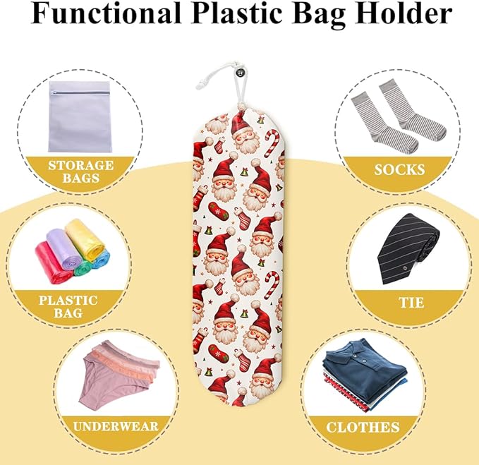Santa Claus Pattern Grocery Bag Holder and Dispenser Christmas Plastic Bags Organizer Garbage Shopping Trash Bags Storage for Kitchen Home Housewarming Gifts for Women Friends