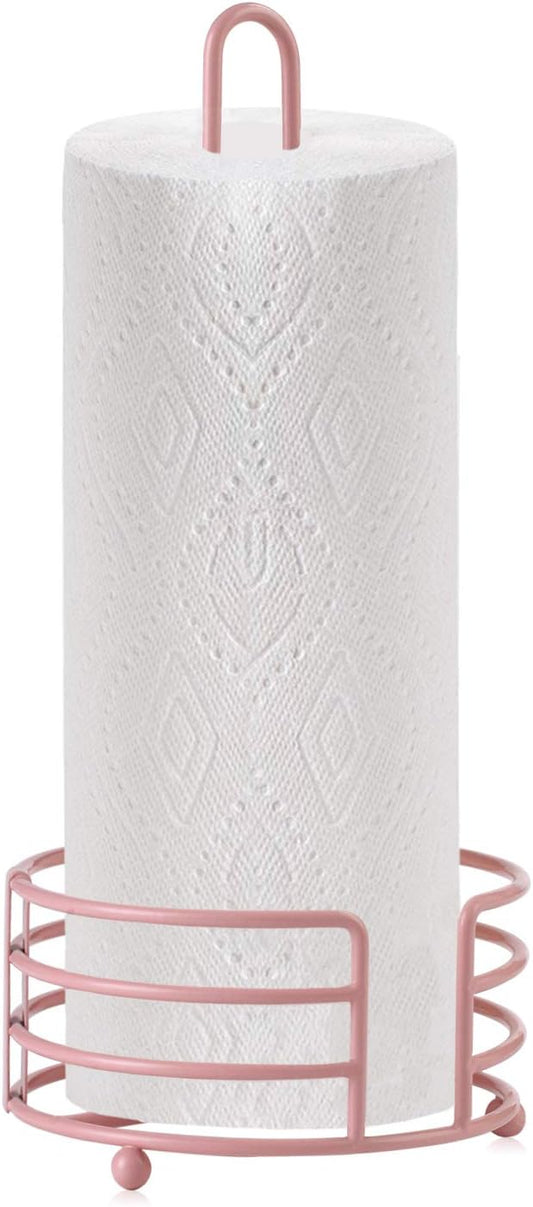 Buruis Paper Towel Holder for Countertop, Metal Standing Paper Towel Dispenser with U-Shape Handle and Stable Base, Pink
