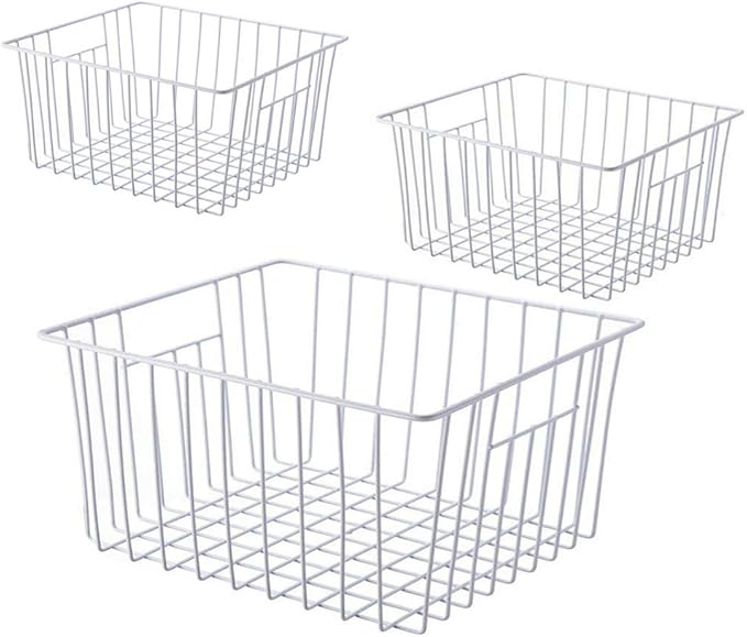 Y.Z.Bros Freezer Wire Baskets, Kitchen Storage Organizer Bins for Chest and Upright Freezer, Refrigerator Dividers Containers with Handles - Pearl White (3)